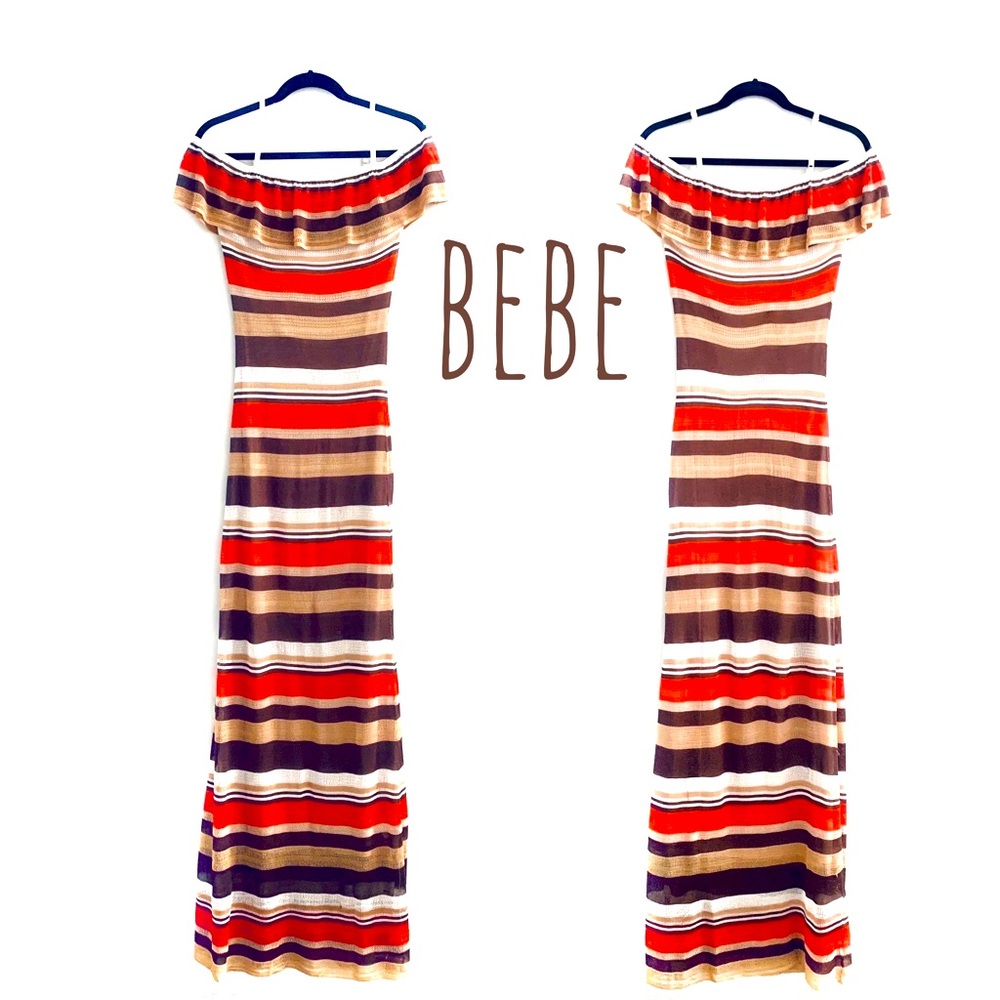 Bebe Maxi Dress MEDIANA Colorful Knit Stripes Ruffle Collar Size M Off Shoulder